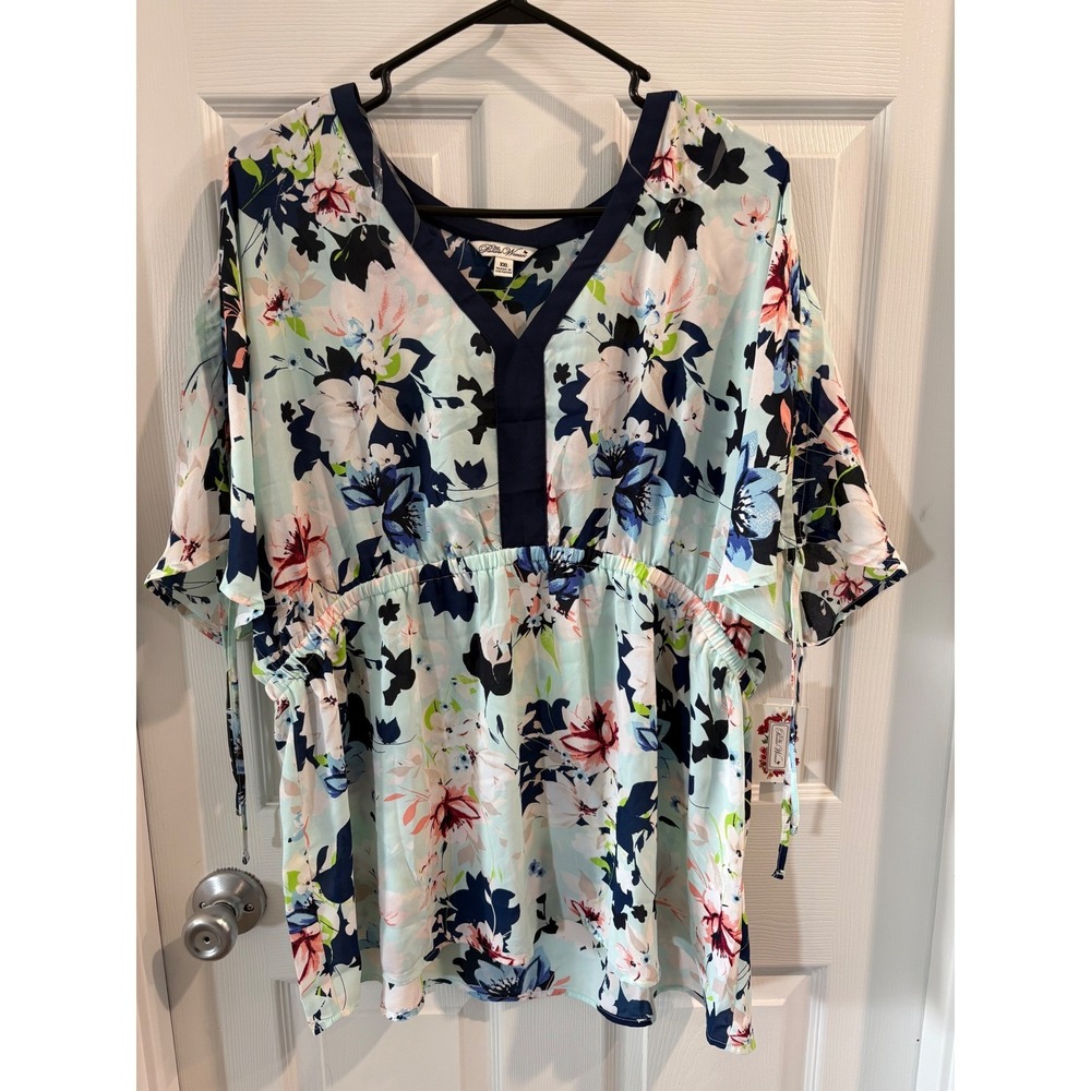 The Pioneer Woman‎ Floral Tunic Top XXL Clearwater Blue V-Neck Elastic Waist New